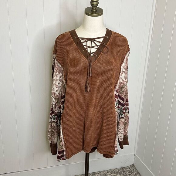 Sterling and Stich Women's Small Oversized Brown Aztec Boho Long Sleeve Top - Picture 1 of 16